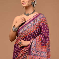 Lovwear Aadhya Purple & Rust Orange Cotton Mulmul Saree with Designer Zari Bo... - Fabric Texture View