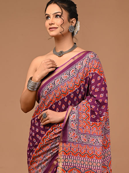 Lovwear Aadhya Purple & Rust Orange Cotton Mulmul Saree with Designer Zari Bo... - Fabric Texture View
