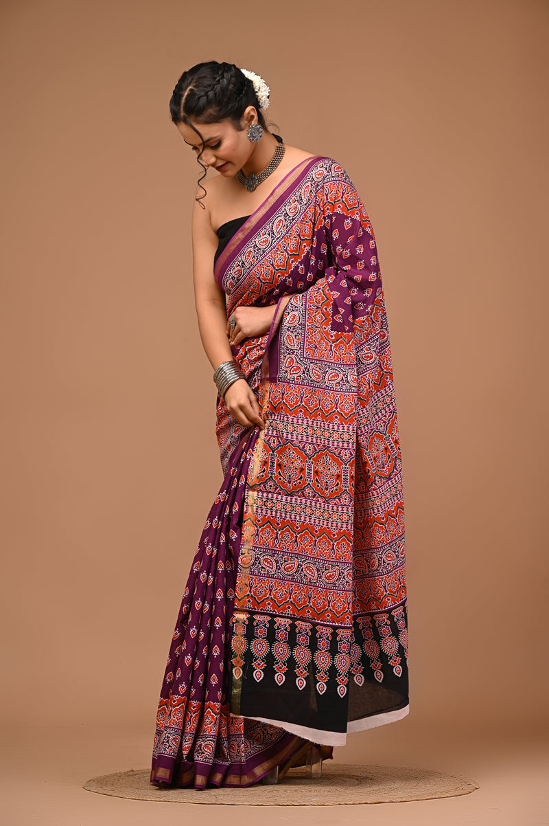 Lovwear Aadhya Purple & Rust Orange Cotton Mulmul Saree with Designer Zari Bo... - Pleats & Full Length View