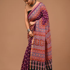 Lovwear Aadhya Purple & Rust Orange Cotton Mulmul Saree with Designer Zari Bo... - Pleats & Full Length View