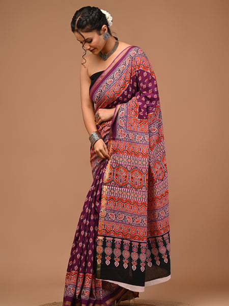 Lovwear Aadhya Purple & Rust Orange Cotton Mulmul Saree with Designer Zari Bo... - Pleats & Full Length View