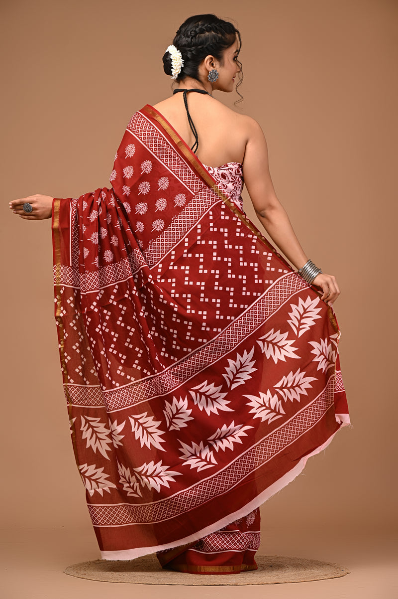 Lovwear Aarohi Brick Maroon & White Cotton Mulmul Saree with Golden Zari Border - Front View