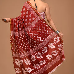 Lovwear Aarohi Brick Maroon & White Cotton Mulmul Saree with Golden Zari Border - Front View