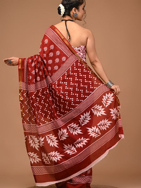 Lovwear Aarohi Brick Maroon & White Cotton Mulmul Saree with Golden Zari Border - Front View