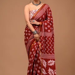 Lovwear Aarohi Brick Maroon & White Cotton Mulmul Saree with Golden Zari Border - Pallu & Border Detail View