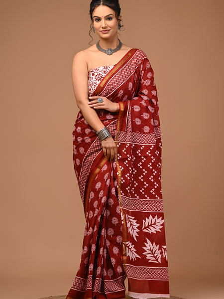 Lovwear Aarohi Brick Maroon & White Cotton Mulmul Saree with Golden Zari Border - Pallu & Border Detail View