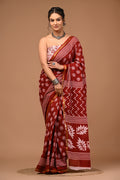 Lovwear Aarohi Brick Maroon & White Cotton Mulmul Saree with Golden Zari Border