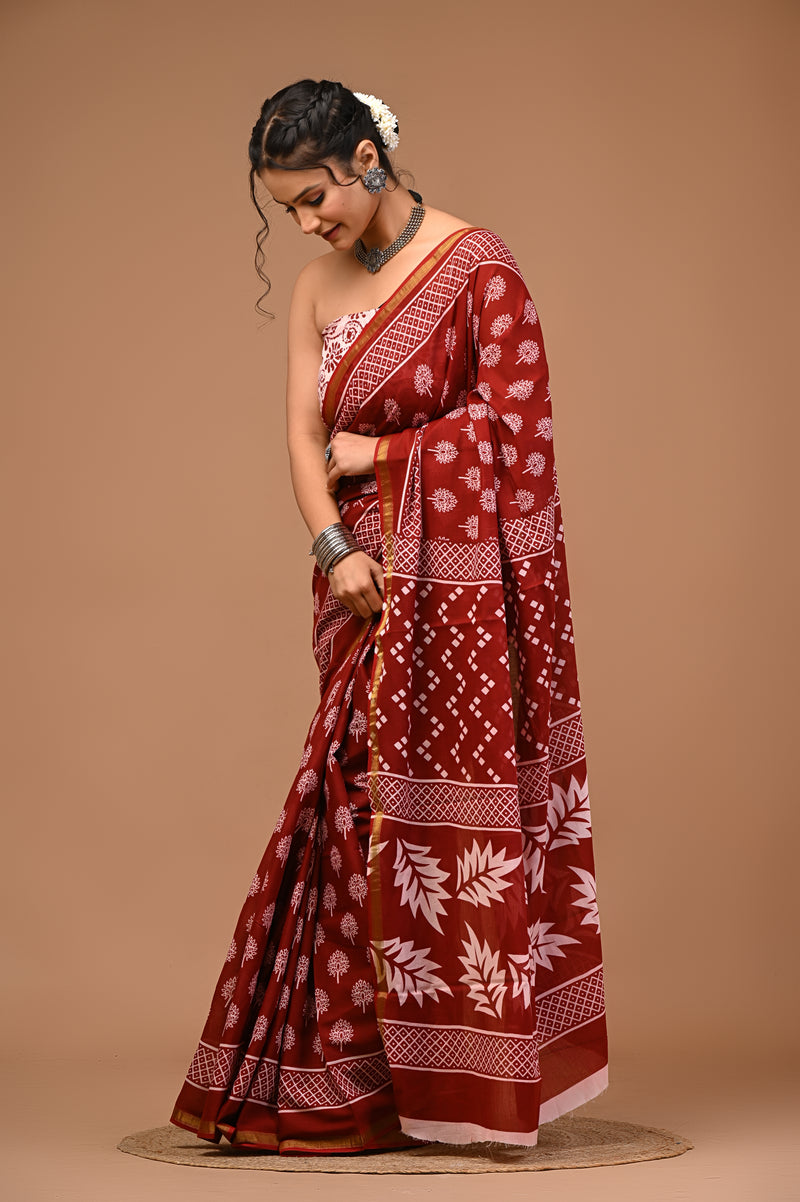 Lovwear Aarohi Brick Maroon & White Cotton Mulmul Saree with Golden Zari Border - Pleats & Full Length View