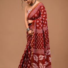 Lovwear Aarohi Brick Maroon & White Cotton Mulmul Saree with Golden Zari Border - Pleats & Full Length View