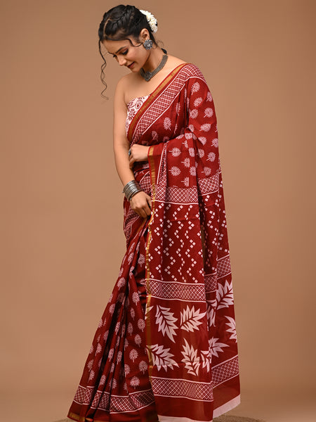Lovwear Aarohi Brick Maroon & White Cotton Mulmul Saree with Golden Zari Border - Pleats & Full Length View