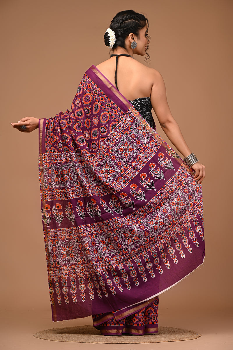 Lovwear Saanvi Purple & Rust Orange Cotton Mulmul Saree with Rich Zari Border - Front View