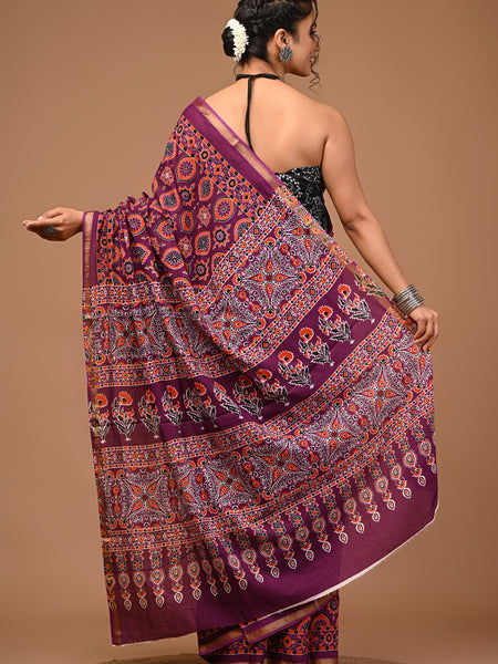 Lovwear Saanvi Purple & Rust Orange Cotton Mulmul Saree with Rich Zari Border - Front View