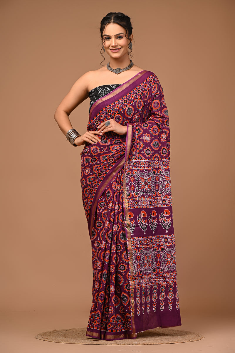 Lovwear Saanvi Purple & Rust Orange Cotton Mulmul Saree with Rich Zari Border - Pallu & Border Detail View