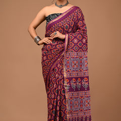Lovwear Saanvi Purple & Rust Orange Cotton Mulmul Saree with Rich Zari Border - Pallu & Border Detail View