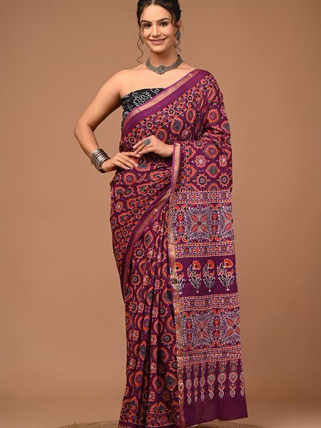 Lovwear Saanvi Purple & Rust Orange Cotton Mulmul Saree with Rich Zari Border - Pallu & Border Detail View