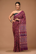 Lovwear Saanvi Purple & Rust Orange Cotton Mulmul Saree with Rich Zari Border