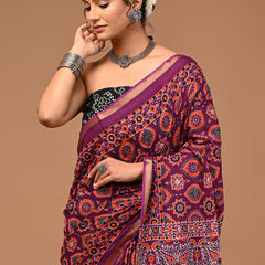 Lovwear Saanvi Purple & Rust Orange Cotton Mulmul Saree with Rich Zari Border - Fabric Texture View