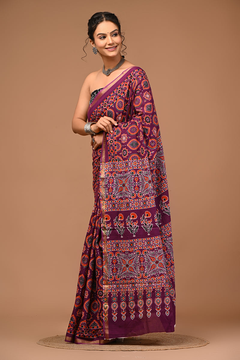 Lovwear Saanvi Purple & Rust Orange Cotton Mulmul Saree with Rich Zari Border - Pleats & Full Length View