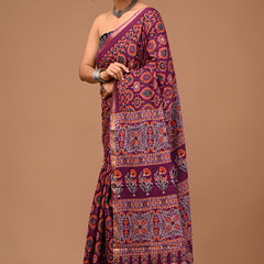 Lovwear Saanvi Purple & Rust Orange Cotton Mulmul Saree with Rich Zari Border - Pleats & Full Length View