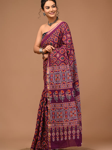 Lovwear Saanvi Purple & Rust Orange Cotton Mulmul Saree with Rich Zari Border - Pleats & Full Length View