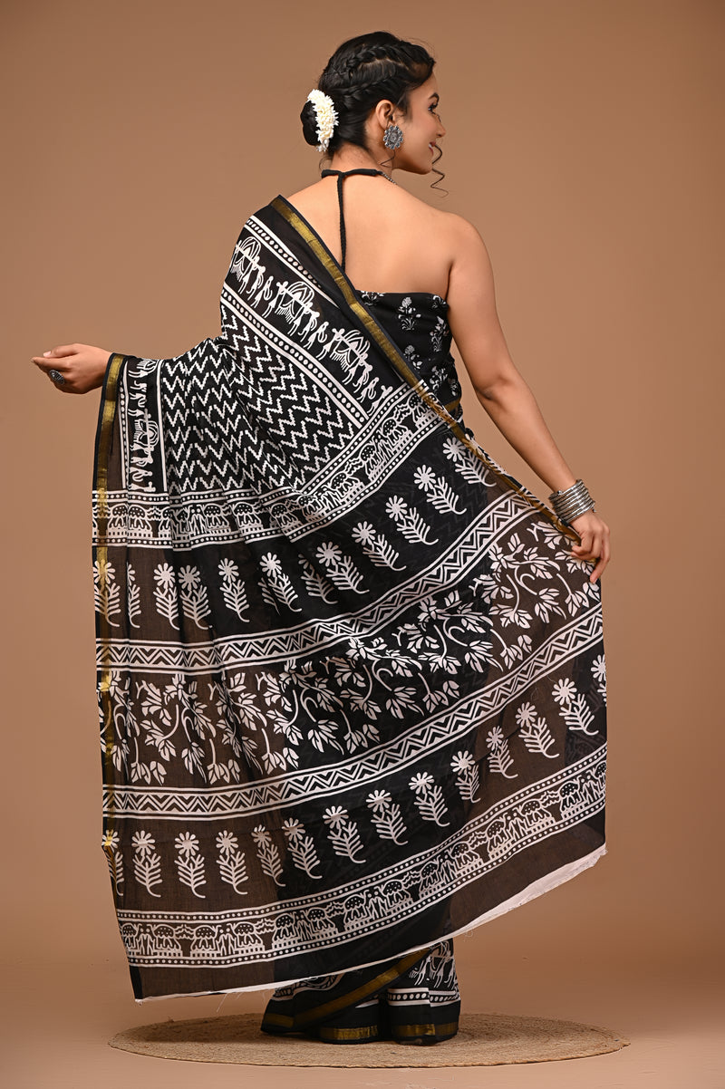 Lovwear Vanya Black & White Cotton Mulmul Saree with Premium Cotton Zari Border - Front View
