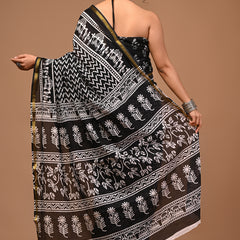 Lovwear Vanya Black & White Cotton Mulmul Saree with Premium Cotton Zari Border - Front View
