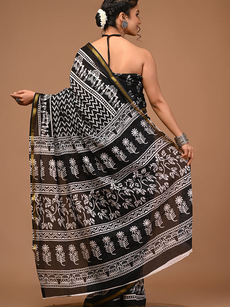 Lovwear Vanya Black & White Cotton Mulmul Saree with Premium Cotton Zari Border - Front View