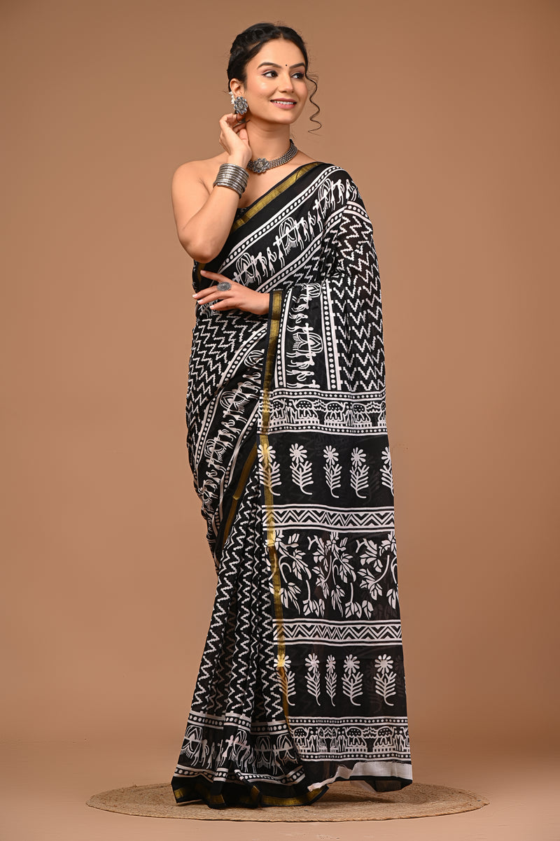 Lovwear Vanya Black & White Cotton Mulmul Saree with Premium Cotton Zari Border - Pallu & Border Detail View
