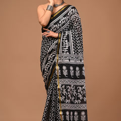 Lovwear Vanya Black & White Cotton Mulmul Saree with Premium Cotton Zari Border - Pallu & Border Detail View