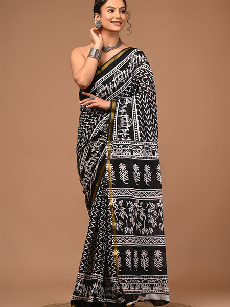 Lovwear Vanya Black & White Cotton Mulmul Saree with Premium Cotton Zari Border - Pallu & Border Detail View