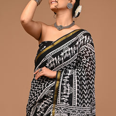 Lovwear Vanya Black & White Cotton Mulmul Saree with Premium Cotton Zari Border - Fabric Texture View