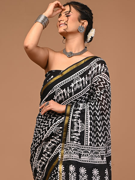 Lovwear Vanya Black & White Cotton Mulmul Saree with Premium Cotton Zari Border - Fabric Texture View