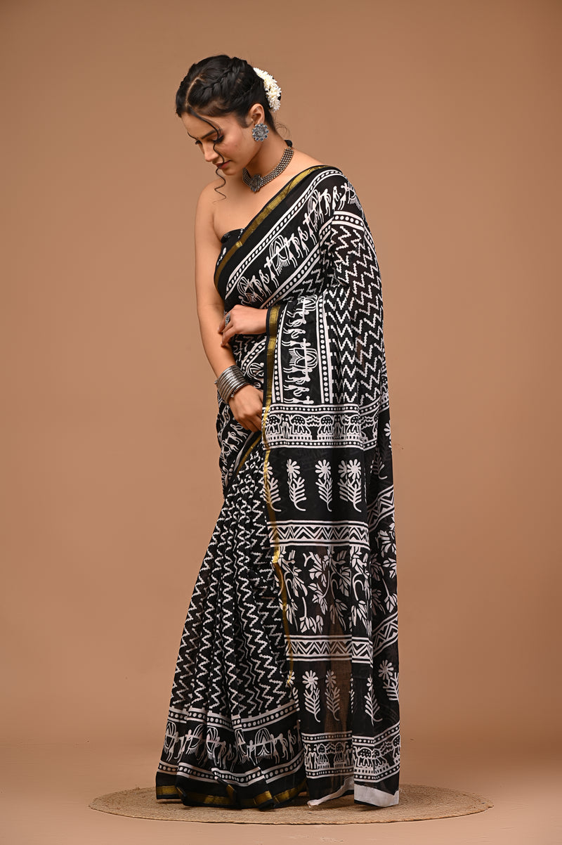 Lovwear Vanya Black & White Cotton Mulmul Saree with Premium Cotton Zari Border - Pleats & Full Length View