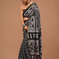 Lovwear Vanya Black & White Cotton Mulmul Saree with Premium Cotton Zari Border - Pleats & Full Length View