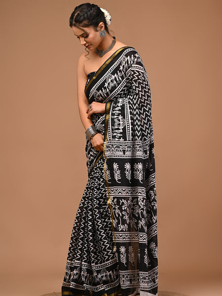 Lovwear Vanya Black & White Cotton Mulmul Saree with Premium Cotton Zari Border - Pleats & Full Length View