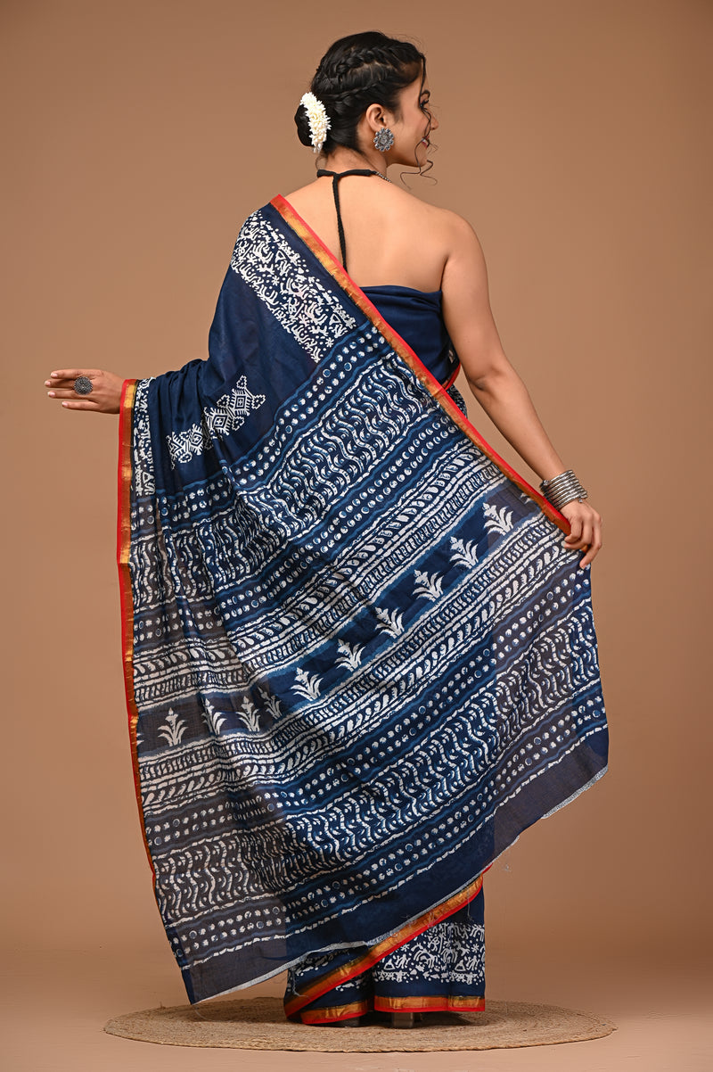 Lovwear Aarohi Navy Blue & White Cotton Mulmul Saree with Golden Zari Border - Front View