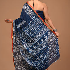 Lovwear Aarohi Navy Blue & White Cotton Mulmul Saree with Golden Zari Border - Front View
