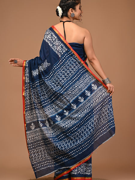 Lovwear Aarohi Navy Blue & White Cotton Mulmul Saree with Golden Zari Border - Front View