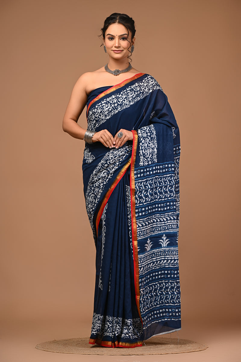Lovwear Aarohi Navy Blue & White Cotton Mulmul Saree with Golden Zari Border - Pallu & Border Detail View