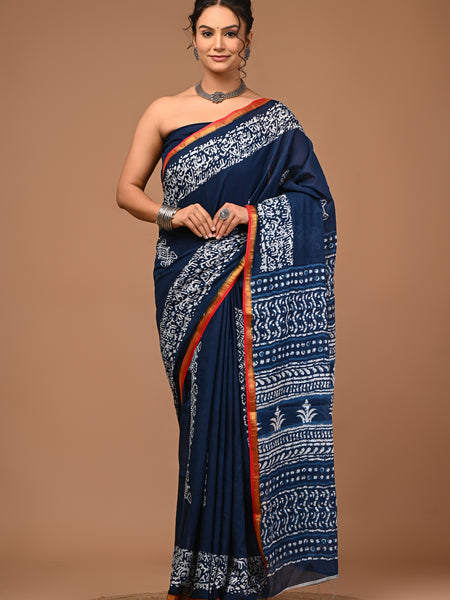Lovwear Aarohi Navy Blue & White Cotton Mulmul Saree with Golden Zari Border - Pallu & Border Detail View