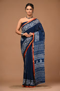Lovwear Aarohi Navy Blue & White Cotton Mulmul Saree with Golden Zari Border