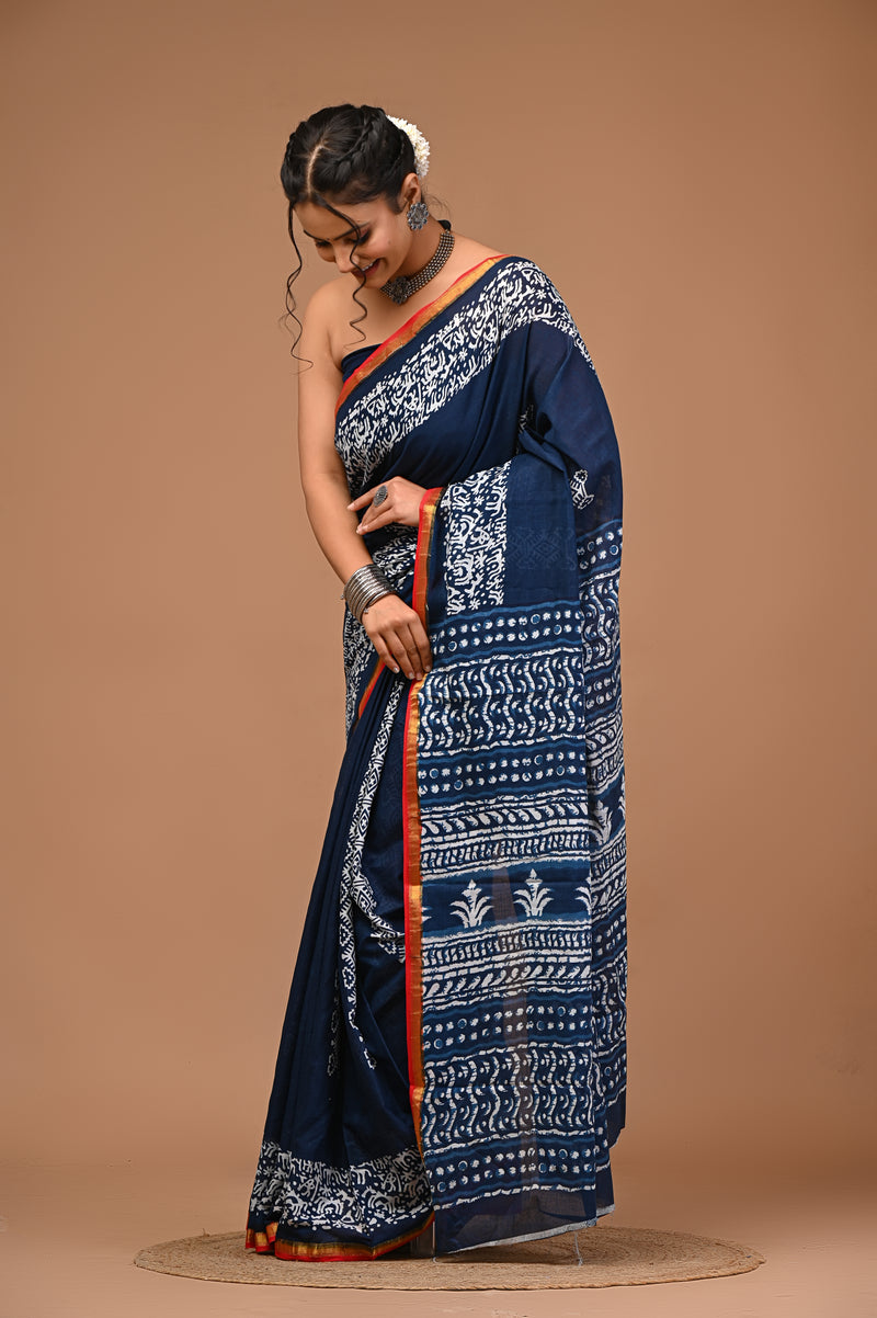 Lovwear Aarohi Navy Blue & White Cotton Mulmul Saree with Golden Zari Border - Pleats & Full Length View