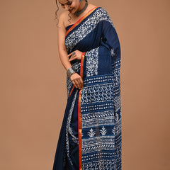 Lovwear Aarohi Navy Blue & White Cotton Mulmul Saree with Golden Zari Border - Pleats & Full Length View