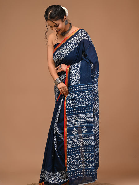 Lovwear Aarohi Navy Blue & White Cotton Mulmul Saree with Golden Zari Border - Pleats & Full Length View