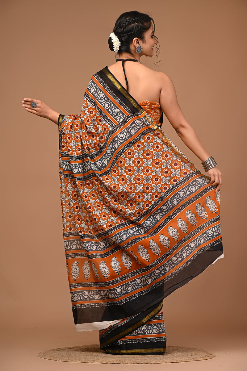 Lovwear Anvika Rust Orange & Black Cotton Mulmul Saree with Rich Zari Border - Front View