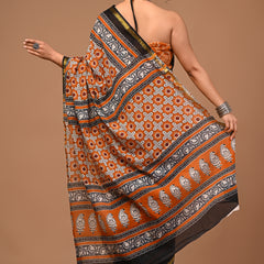 Lovwear Anvika Rust Orange & Black Cotton Mulmul Saree with Rich Zari Border - Front View