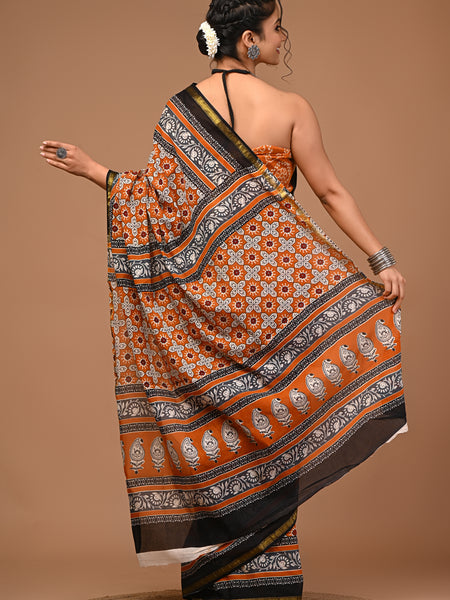Lovwear Anvika Rust Orange & Black Cotton Mulmul Saree with Rich Zari Border - Front View