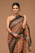 Lovwear Anvika Rust Orange & Black Cotton Mulmul Saree with Rich Zari Border