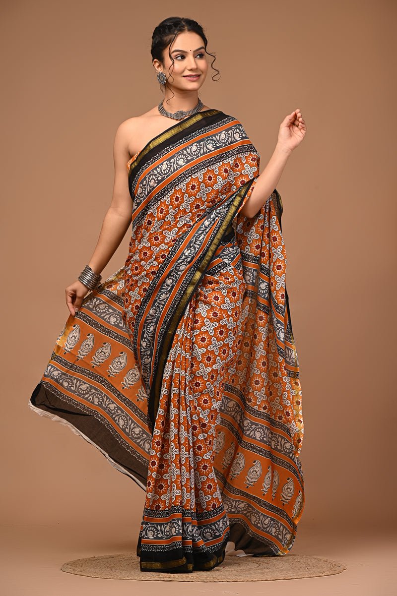 Lovwear Anvika Rust Orange & Black Cotton Mulmul Saree with Rich Zari Border - Fabric Texture View