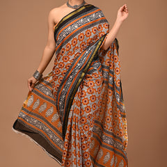 Lovwear Anvika Rust Orange & Black Cotton Mulmul Saree with Rich Zari Border - Fabric Texture View